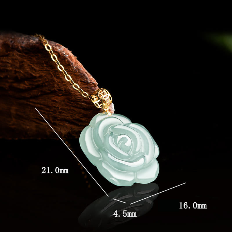 18K Gold Buckle 925 Sterling Silver Chain Natural Jade Rose Luck Necklace Pendant