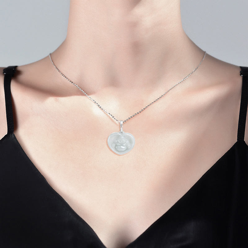 925 Sterling Silver Laughing Buddha White Jade Luck Blessing Necklace Pendant