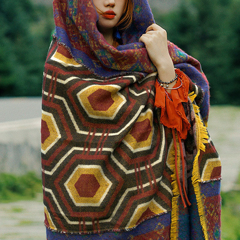 Tibetan Shawl Brown Blue Red Geometric Shapes Pattern Winter Cozy Travel Scarf Wrap