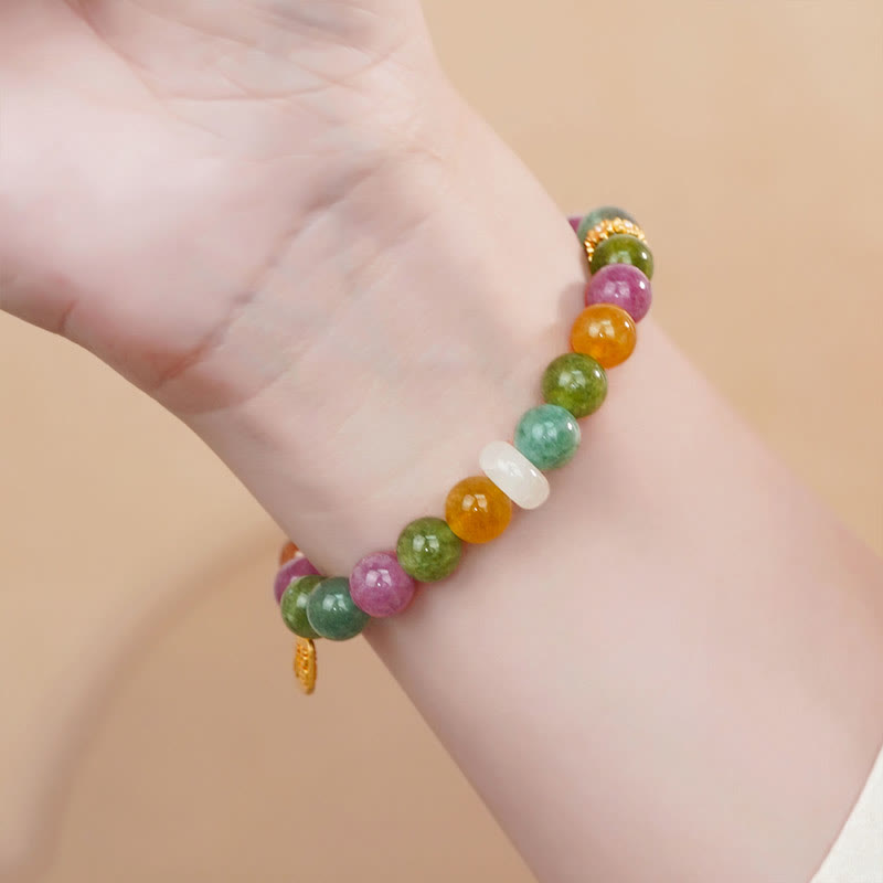 Vibrant Tourmaline & Chalcedony 'Fu' Character Charm Bracelet