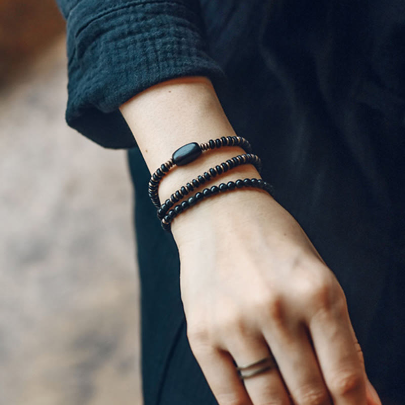 Rainbow Obsidian Ebony Wood Copper Healing Triple Wrap Bracelet