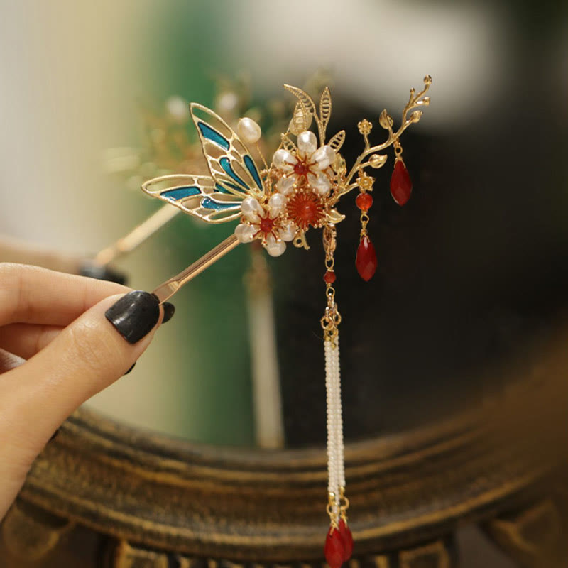 Classical Chinese Style Flower Branche Butterfly Pearl Tassel Hair Clip Hair Comb Hair Crown
