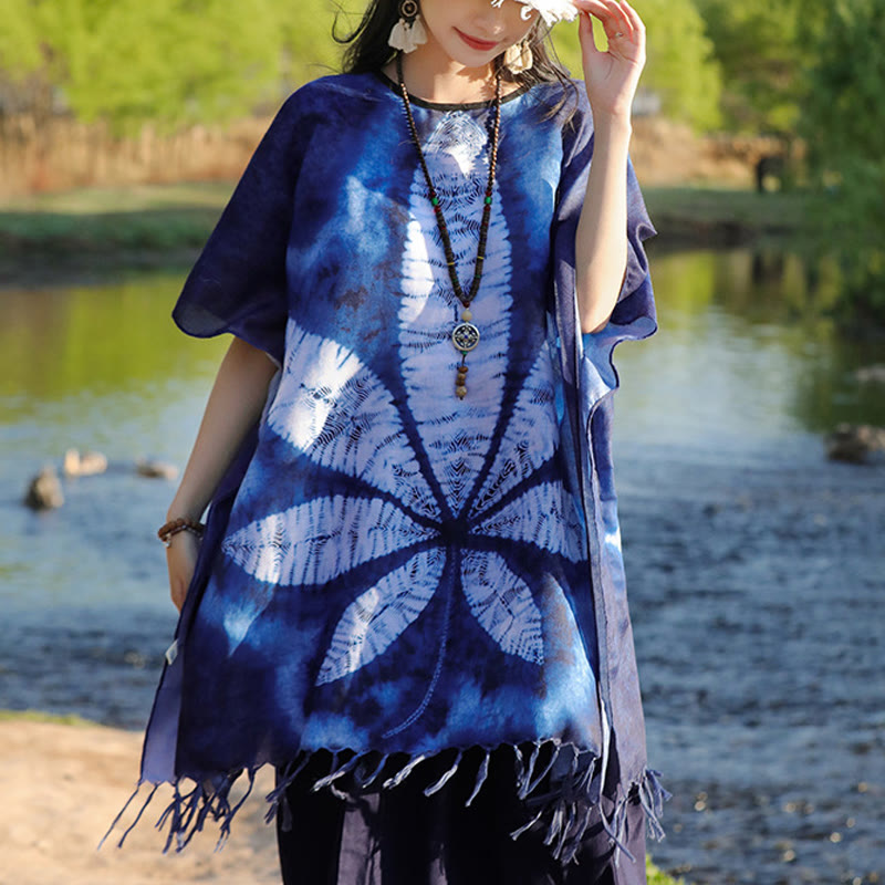 Artisanal Blue Batik Maple Leaf Mindful Travel Shawl Pullover