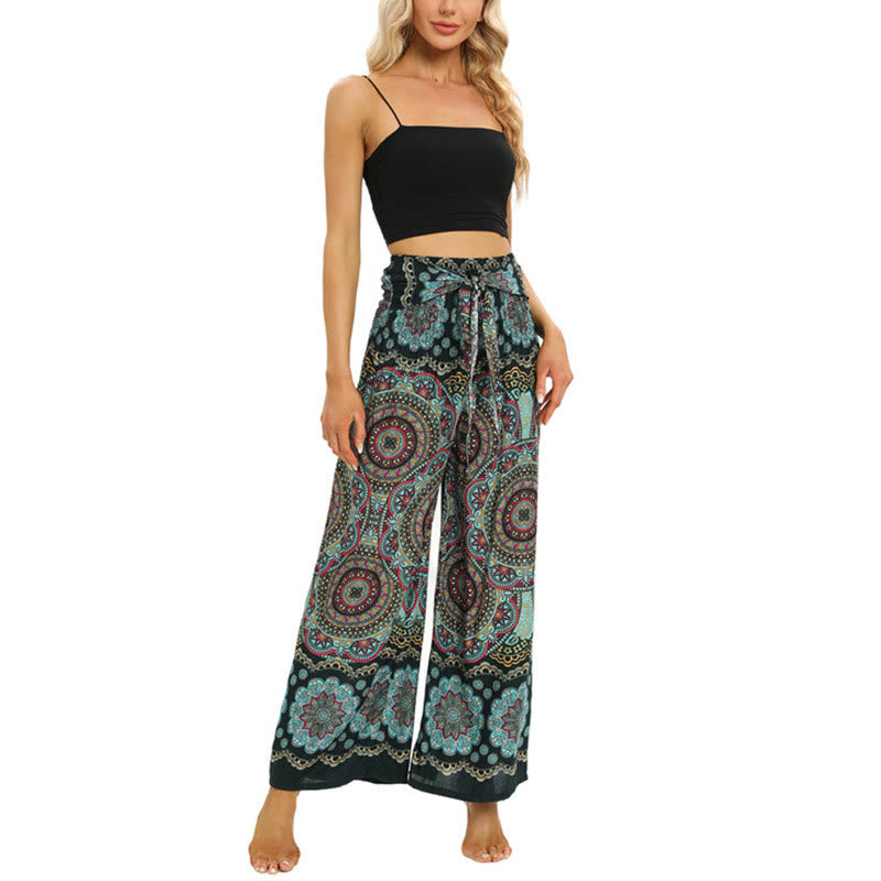 Boho Mandala Print Lace-up Wide Leg Pants Women's Yoga Pants