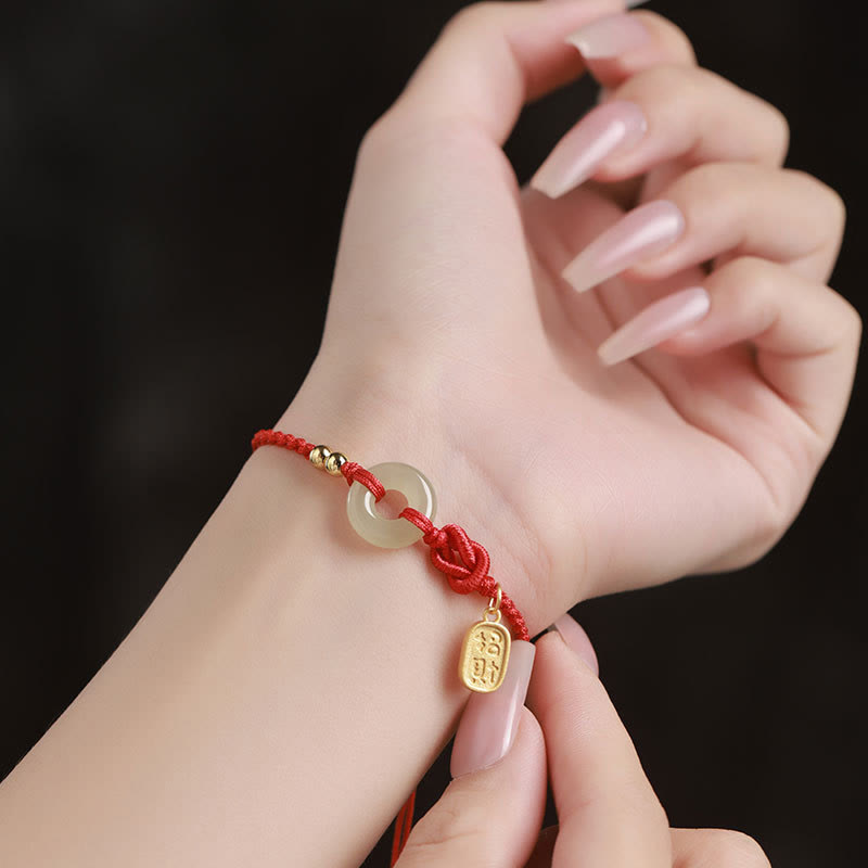Hetian Jade Ping An Kou & Sterling Silver Fu Symbol Adjustable Cord Bracelet
