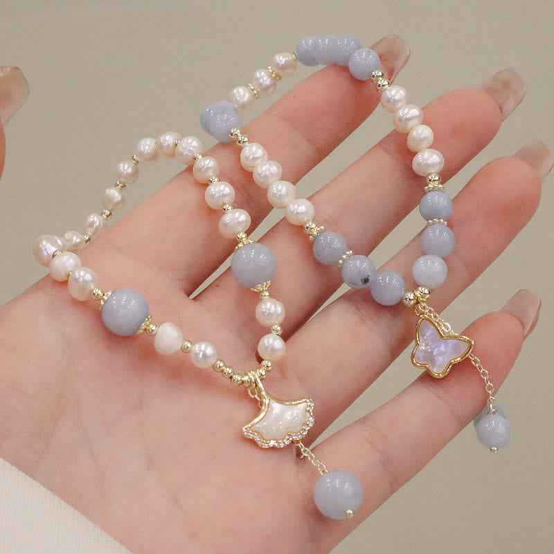 Natural Aquamarine Pearl Seashell Charm Bracelet with Ginkgo Leaf or Butterfly Accents