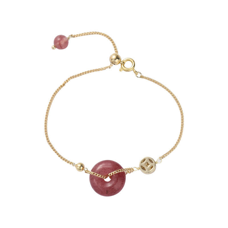 Strawberry Quartz Ping An Kou Peace Buckle Chinese Coin Love Beaded Bracelet