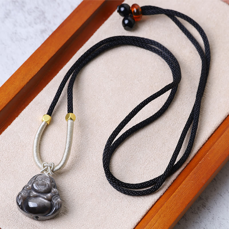 Natural Silver Sheen Obsidian Laughing Buddha Protection Necklace Pendant