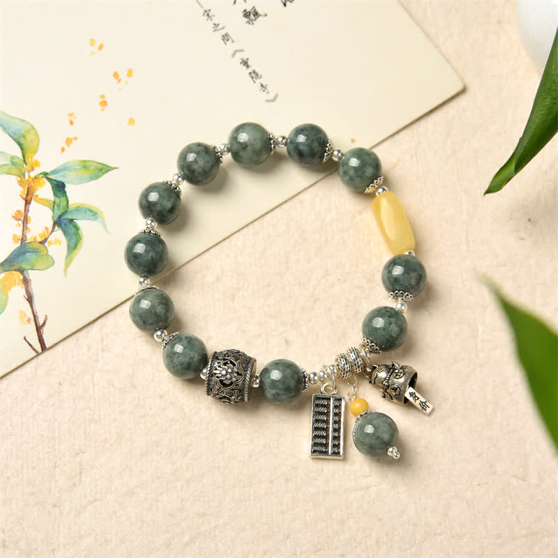 925 Sterling Silver Cyan Jade & Amber Abacus Lucky Cat Charm Bracelet