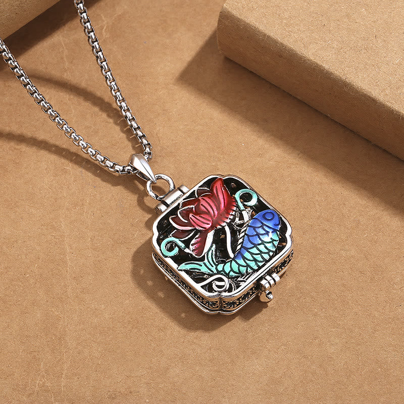 Koi Fish Lotus Copper Coins Luck Ghau Prayer Box Necklace Pendant