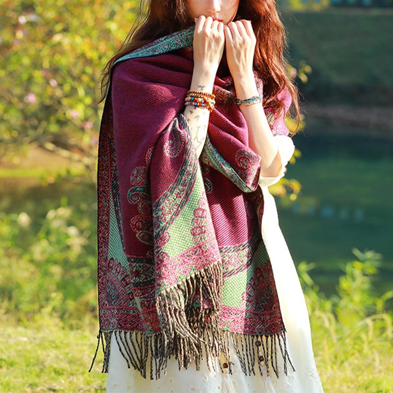 Tibetan Vine Leaves Pattern Design Shawl Cozy Travel Scarf Wrap