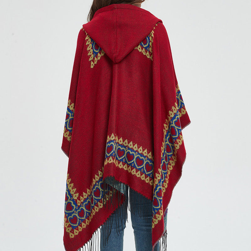 Tibetan Shawl Red Love Heart Tassel Hooded Cloak Winter Cozy Travel Scarf Wrap