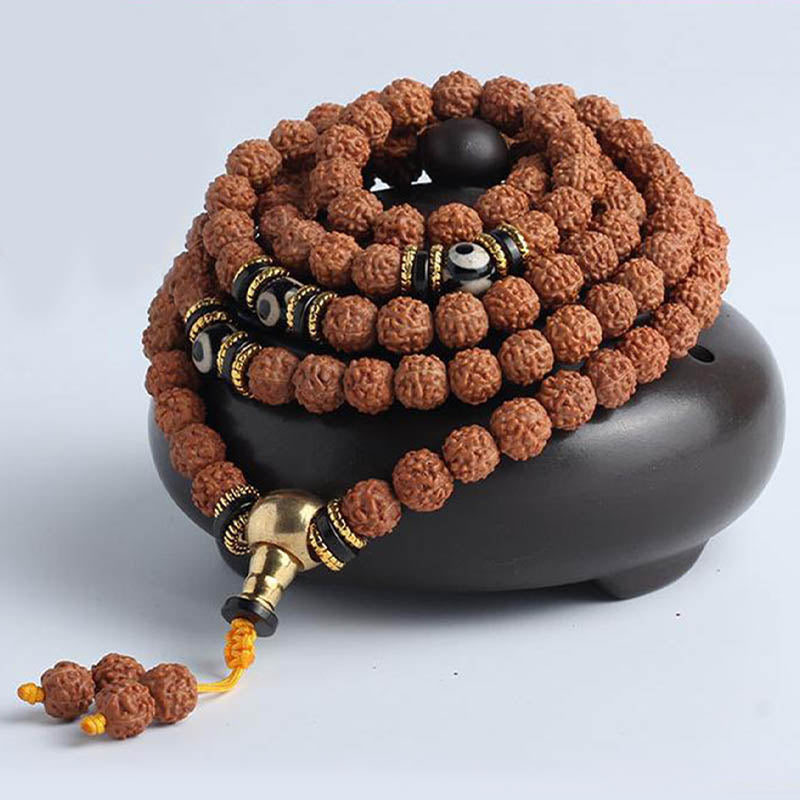108 Mala Beads Rudraksha Bodhi Seed Dzi Bead Luck Wealth Bracelet