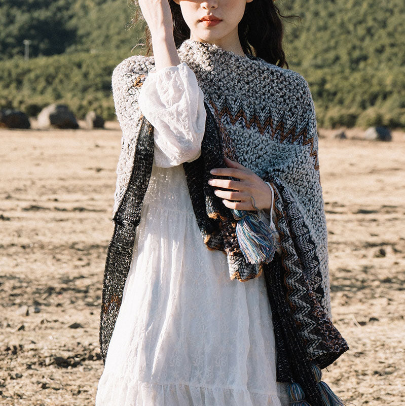 Tibetan Shawl Gray Brown Striped Knitted Tassels Winter Cozy Travel Scarf Wrap