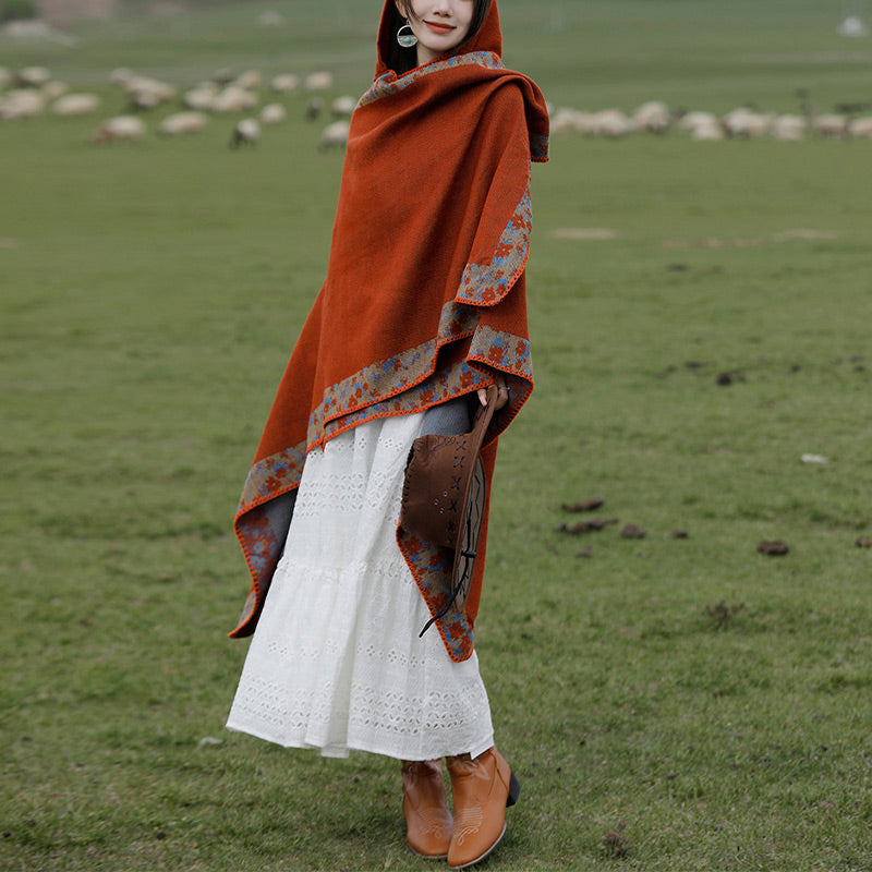 Tibetan Shawl Border Small Floral Flower Hooded Cloak Winter Cozy Travel Scarf Wrap