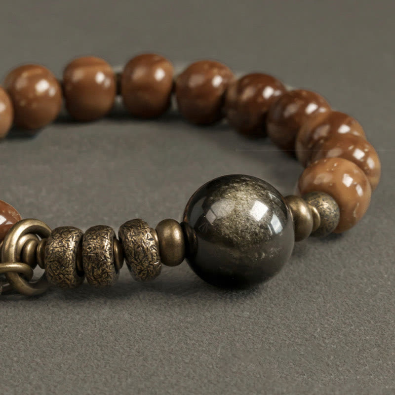 Kuka Seed Tiger Eye Gold Sheen Obsidian Brass Copper Wealth Luck Bracelet