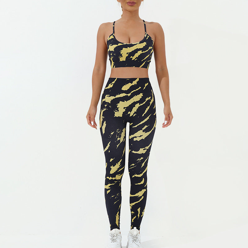2Pcs Camo Print Backless Criss-Cross Strap Top Bra Shorts Leggings Pants Fitness Yoga Outfit Set