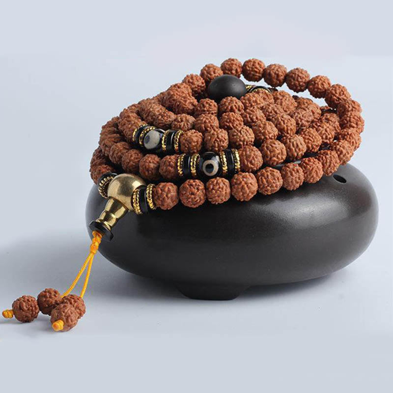 108 Mala Beads Rudraksha Bodhi Seed Dzi Bead Luck Wealth Bracelet