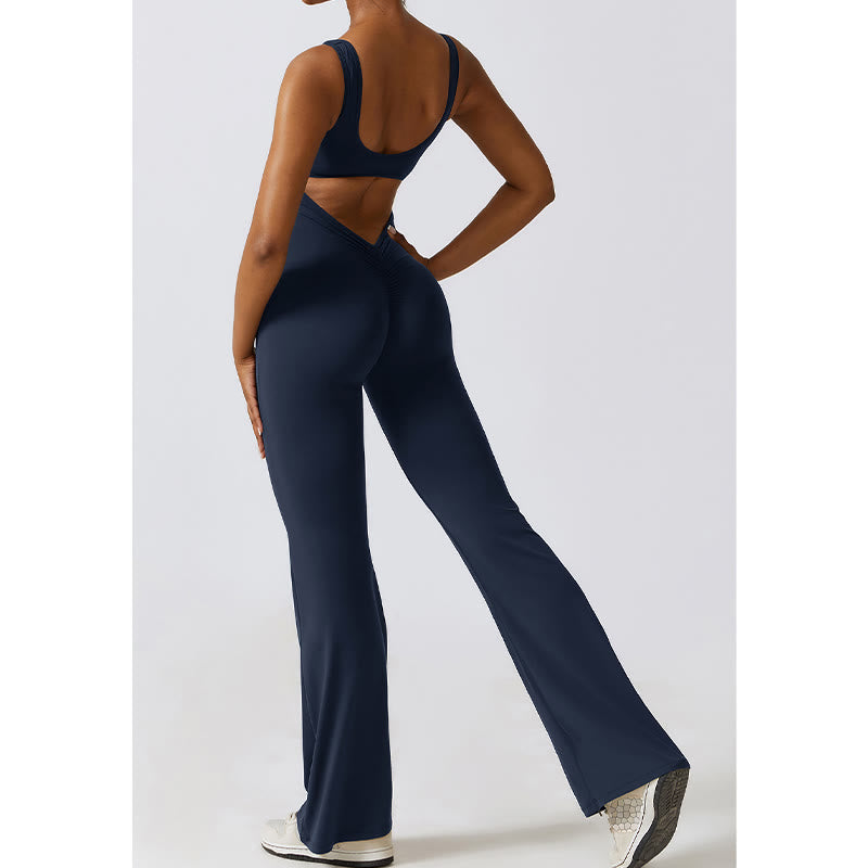 Women Workout Sleeveless Jumpsuit Flare Pants Sports Fitness Yoga Bodysuit
