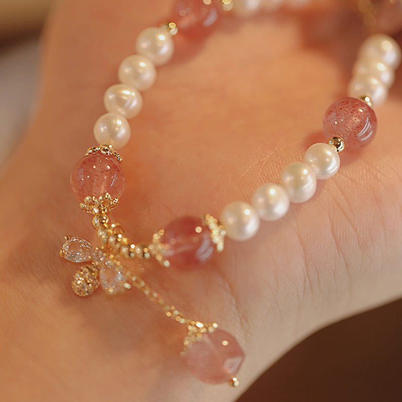 Natural Pearl Strawberry Quartz Healing Cute Honey Bee Charm Bracelet