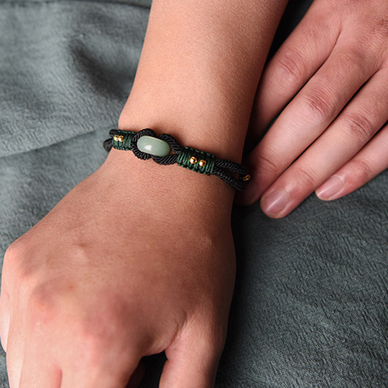 Minimalist Tibetan Jade and Gold Black Rope Couple Bracelet