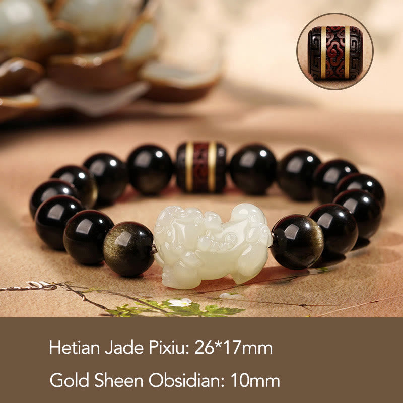 Handmade Gold Sheen Obsidian & Hetian Jade Pixiu Beaded Bracelet for Men and Women
