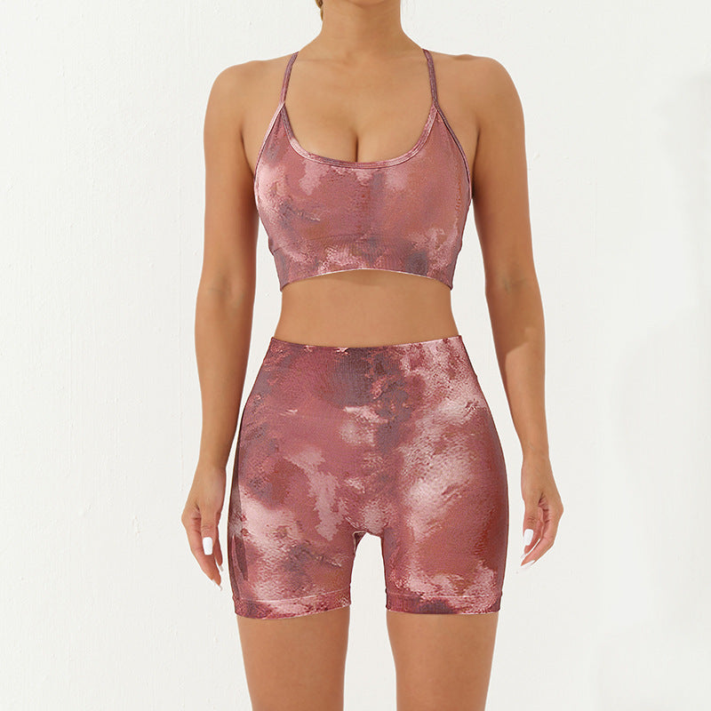 2Pcs Camo Print Backless Criss-Cross Strap Top Bra Shorts Leggings Pants Fitness Yoga Outfit Set