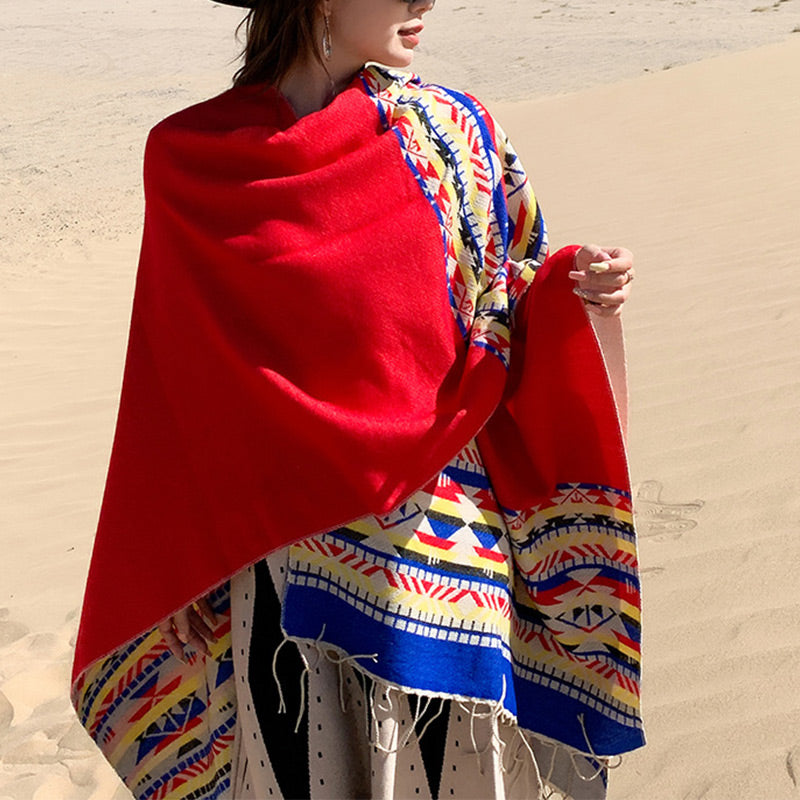 Tibetan Shawl Colorful Geometry Winter Cozy Travel Scarf Wrap