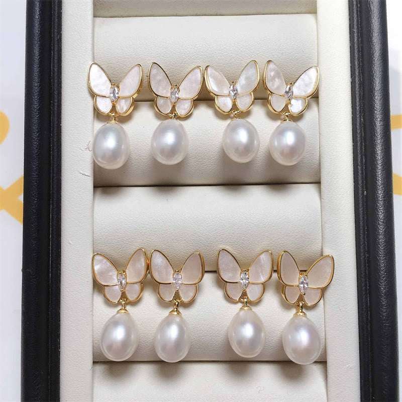 925 Sterling Silver Posts 18K Gold Plated Copper Pearl Butterfly Optimism Stud Earrings