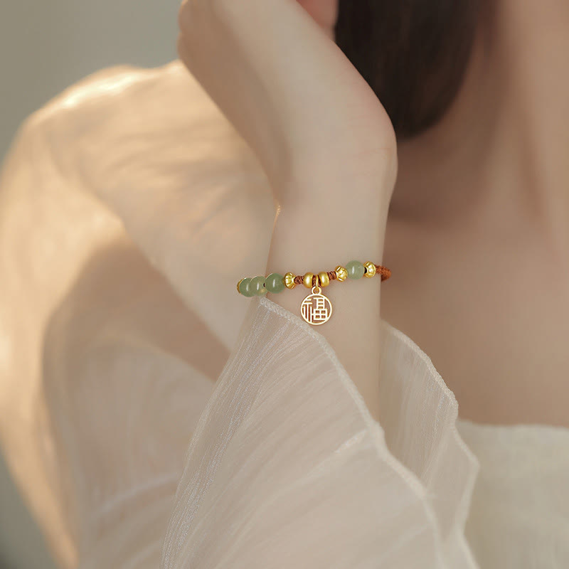 Jade Beads Fu Character Blessing Rope Bracelet