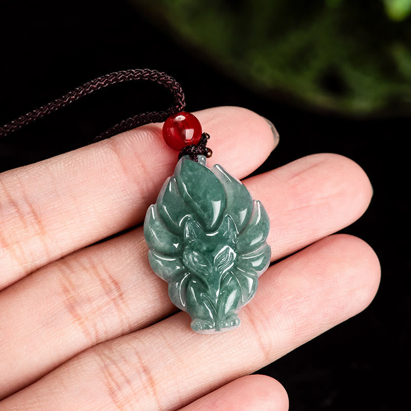 Natural Green Jade Nine Tailed Fox Luck Necklace Pendant