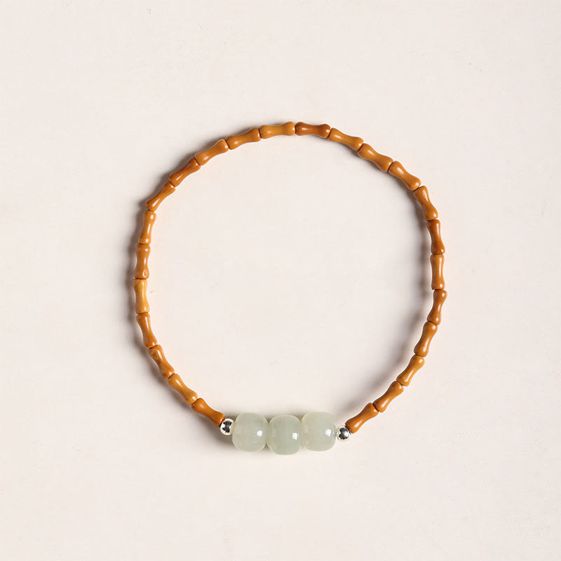 Natural Olive Pit & Hetian Jade Beaded Bracelet with Bamboo Pattern and White Copper Elements