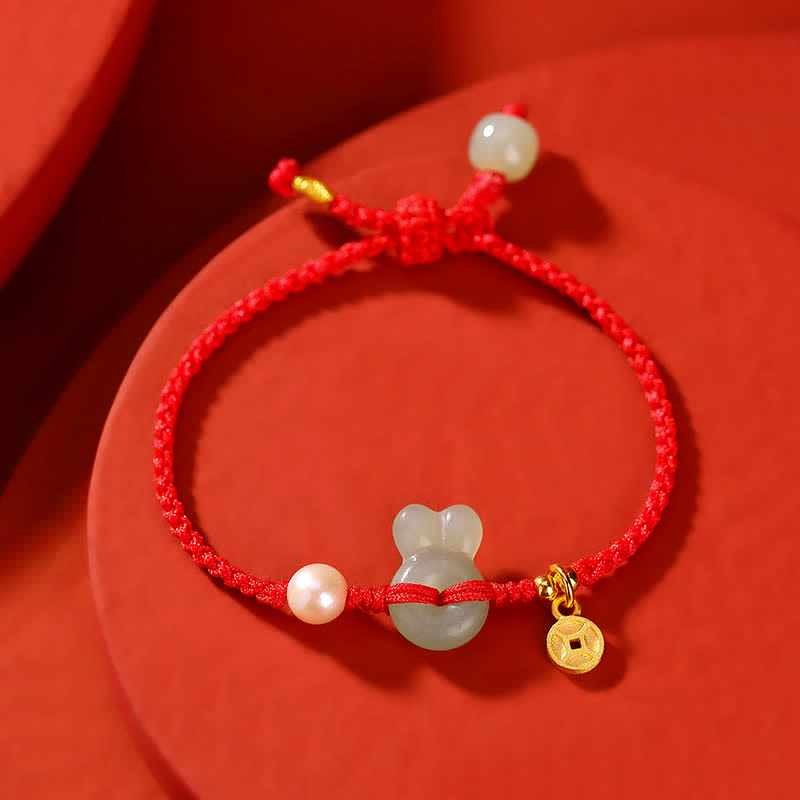 925 Sterling Silver Hetian Jade & Pearl Rabbit Chinese Coin Red String Bracelet