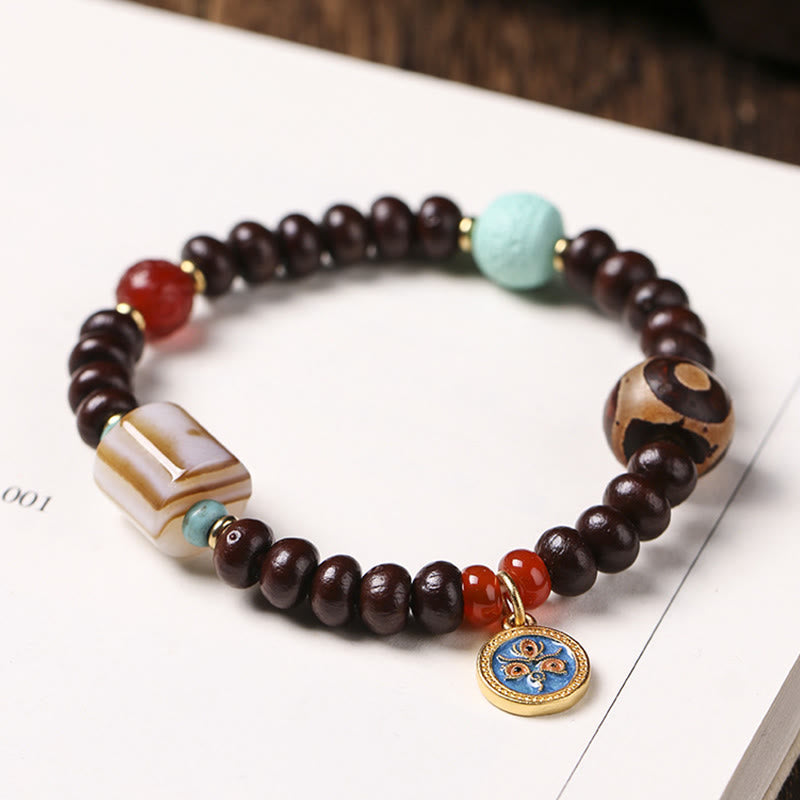 Natural Tibet Purple Bodhi Seed Dzi Bead God of Wealth Wisdom Bracelet