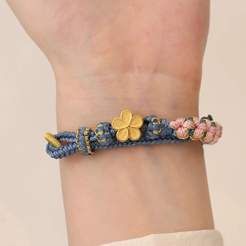 Handcrafted Red String Bracelet with Gold-Toned Copper Peach Blossom Charm