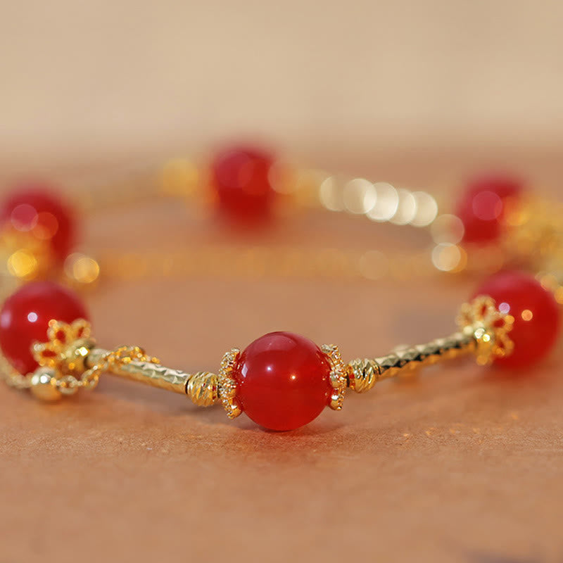 Red Agate and Copper Fu Character Charm Bracelet for Self-Acceptance