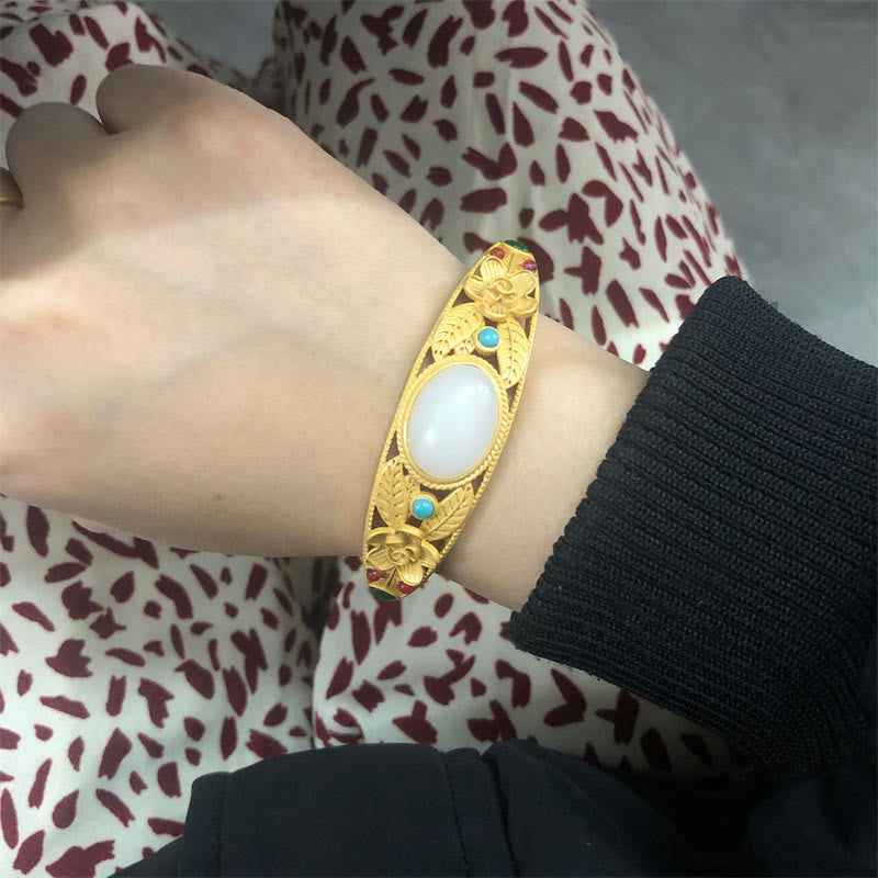 Cyan Jade White Jade Flower Leaf Harmony Luck Bracelet Bangle