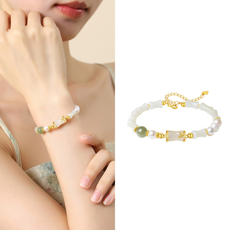 925 Sterling Silver Natural Hetian White Jade Bamboo Luck Blessing Bracelet