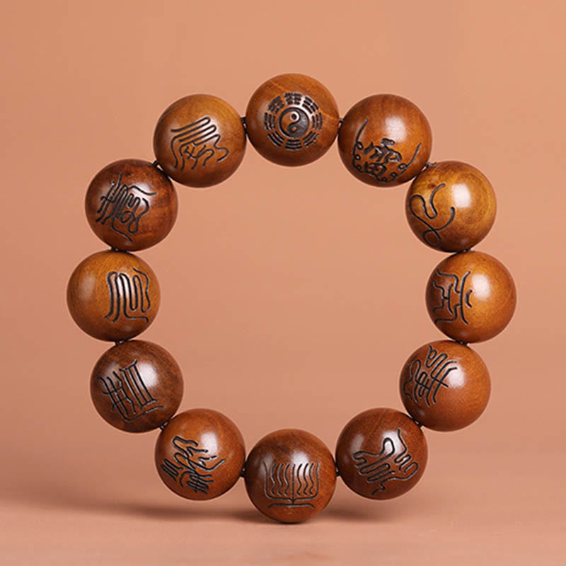 Lightning Struck Jujube Wood Yin Yang Bagua Taoist Taboo Scripture Symbol Engraved Luck Bracelet