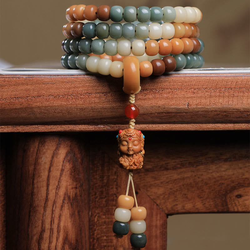 108 Mala Beads Gradient Bodhi Seed Green Tara Buddha Engraved Peace Harmony Bracelet