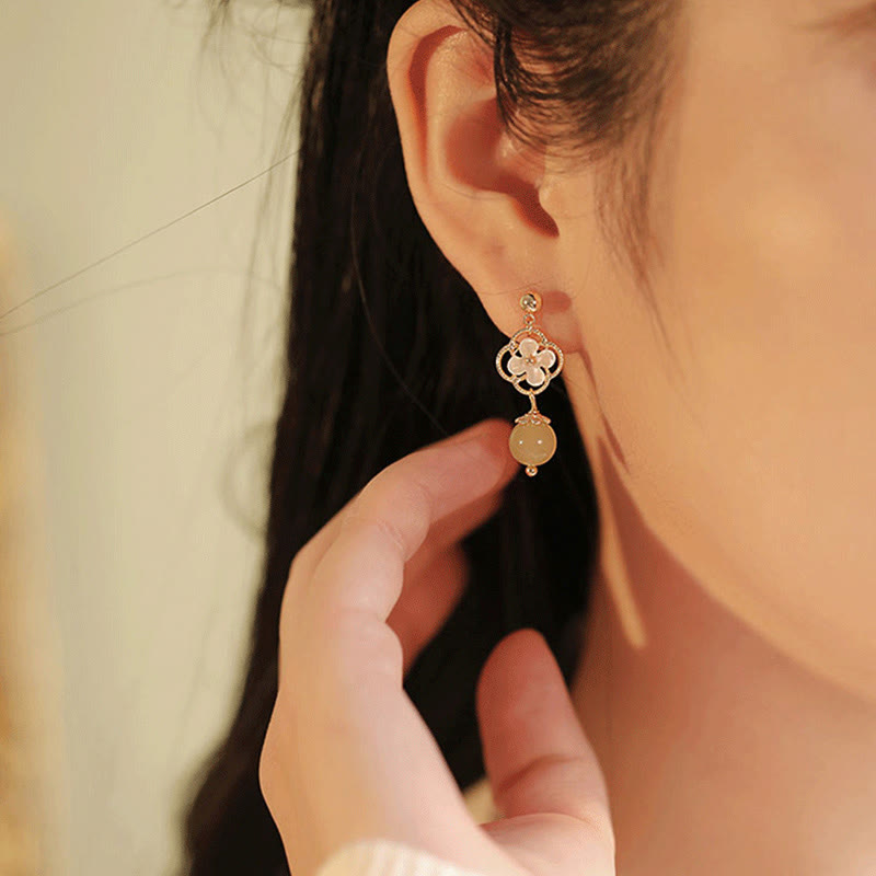 Tridacna Stone Flower Jade Bead Blessing Drop Earrings