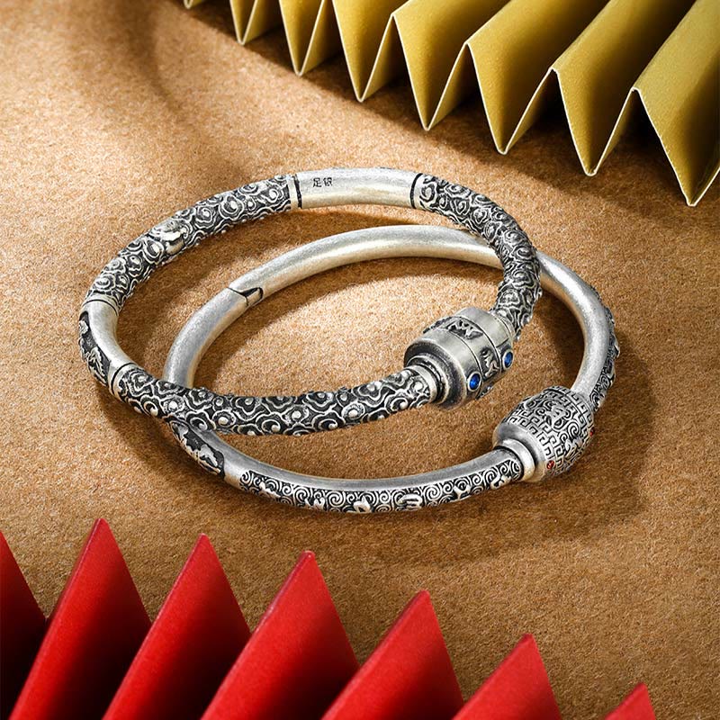 990 Fine Silver Tibetan Om Mani Padme Hum Engraved Auspicious Clouds Bangle