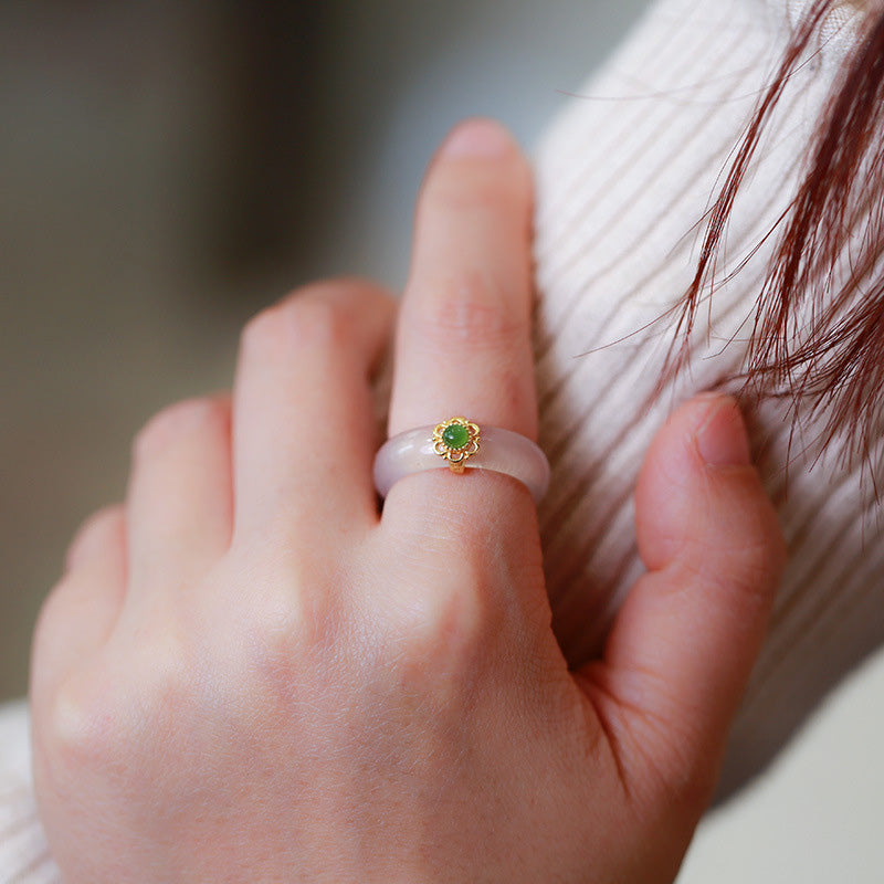 White Agate Cyan Jade Turquoise Red Agate Luck Protection Ring