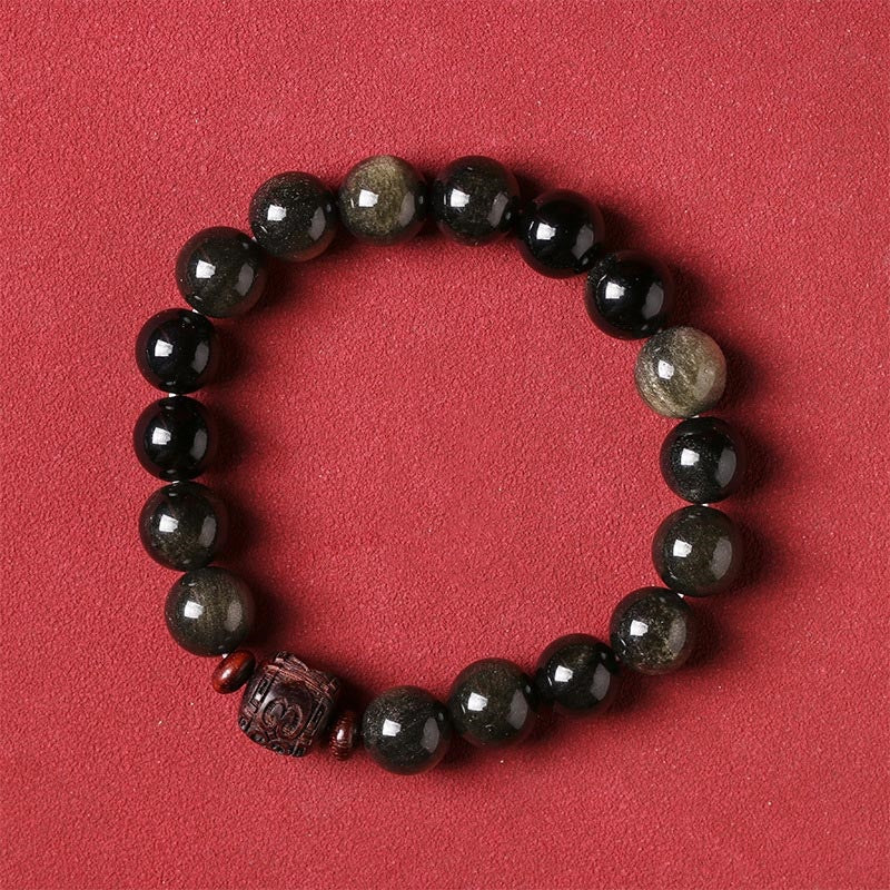 Natural Gold Sheen Obsidian Rainbow Obsidian Om Mani Padme Hum Fu Character Healing Bracelet
