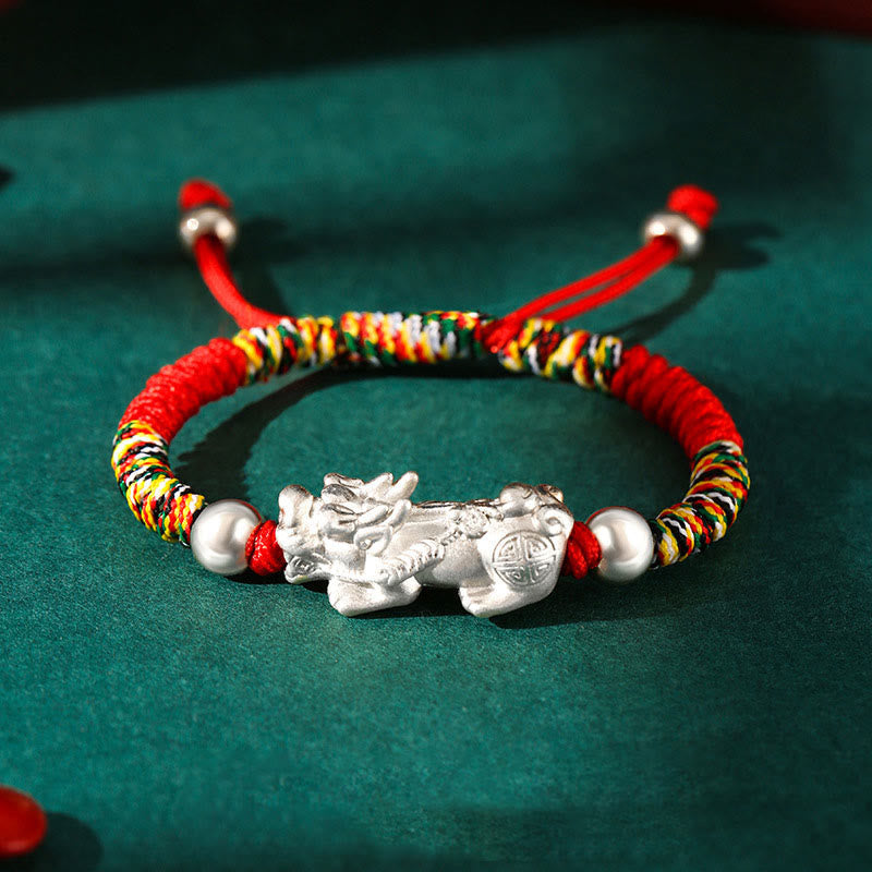 999 Sterling Silver Pixiu Red String Braided Vajra Knot Bracelet for Kids