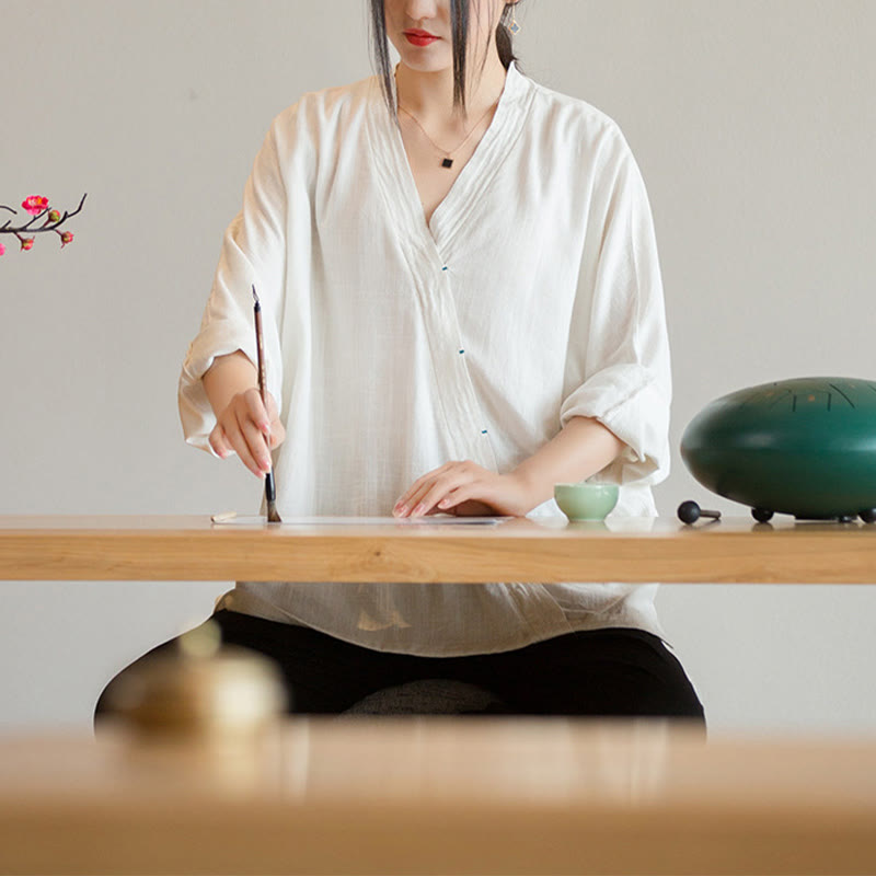 V-Neck Blouse Women Shirt Long Sleeve Top Chinese Hanfu Style Clothing