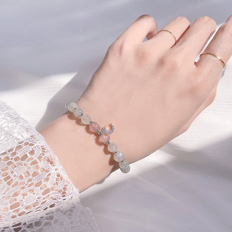 Strawberry Quartz Moonstone Luck Moon Charm Bracelet