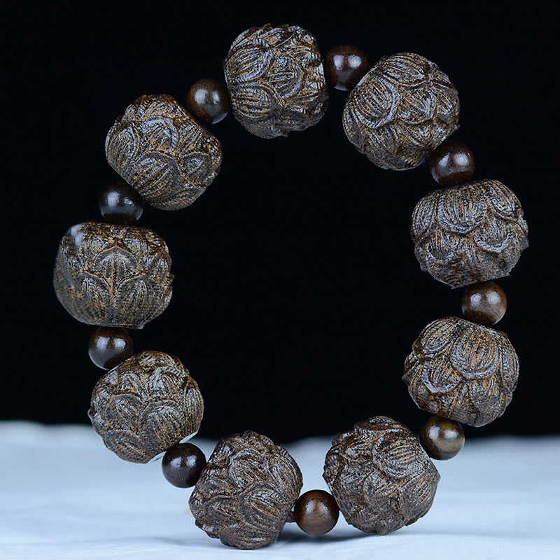 Ebony Wood Eighteen Arhats Lotus Dragon Engraved Balance Bracelet