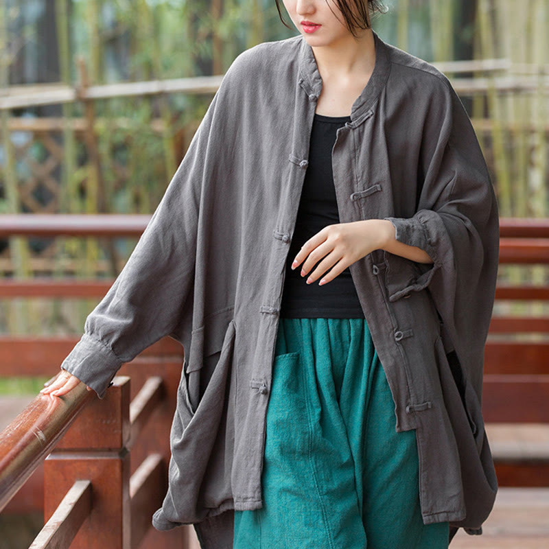 Frog-Button Long Sleeve Zen Meditation Open Front Jacket With Pockets