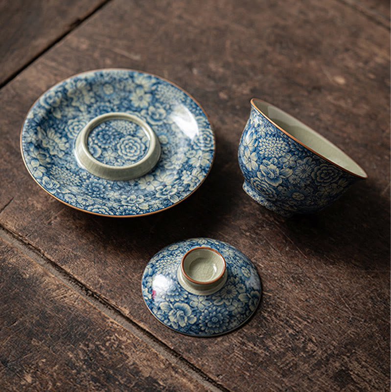 Vintage Blue And White Porcelain Peach Blossom Lotus Peony Ceramic Gaiwan Sancai Teacup Kung Fu Tea Cup And Saucer With Lid